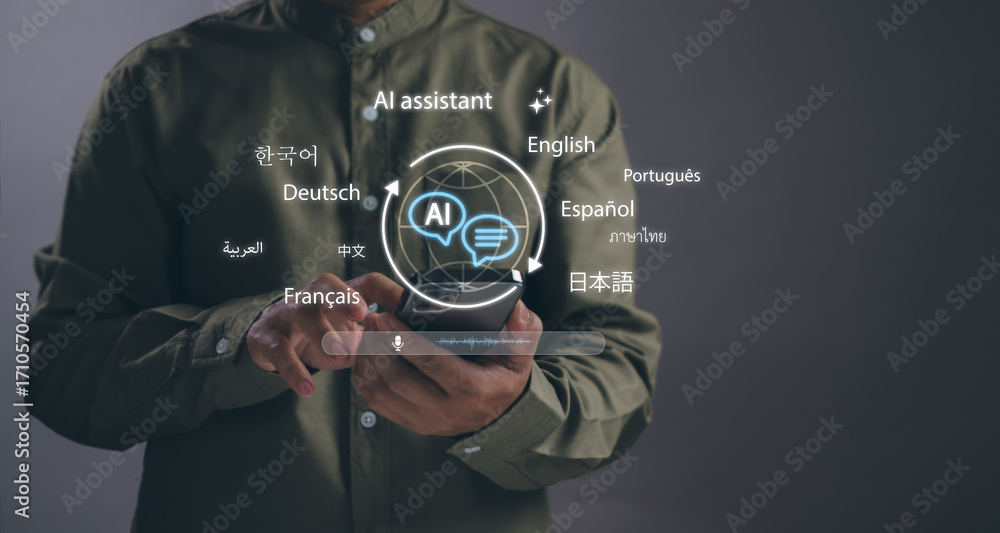 Poster person using ai assistant on smartphone with real-time multilingual translation interface. concept o