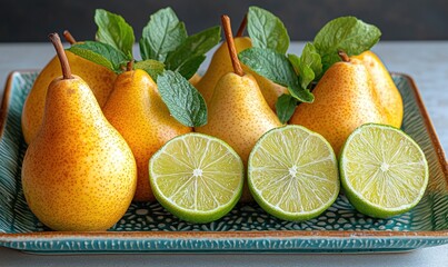 Fresh pears and limes arranged on a decorative plate