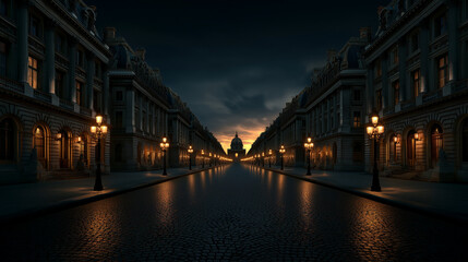 Fototapeta premium Historic Parisian street with aligned cream-colored façades and street lamps