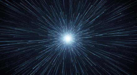 Dynamic abstract light trails burst from bright center in deep space, suggesting warp speed travel