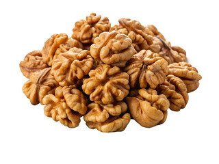 Organic dry walnuts and brown kernels in a healthy heap isolated on a white background