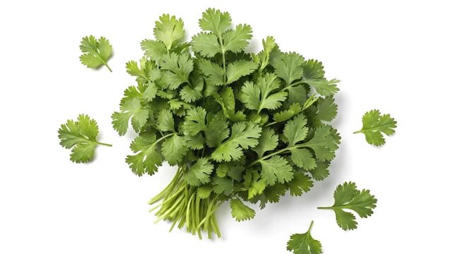 Fresh green coriander leaves arranged on a plain white surface