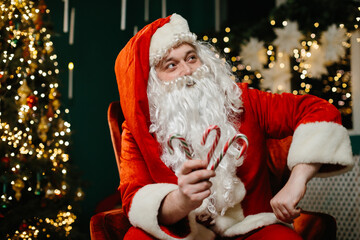 Santa claus holding candy canes near christmas tree
