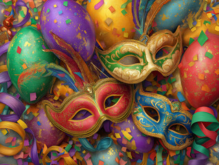 Fototapeta premium Vibrant mardi gras or carnival festivities featuring balloons, confetti, and masks. Detailed high quality image. 