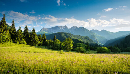 Fototapeta premium Summer Landscape With Mountains And Trees