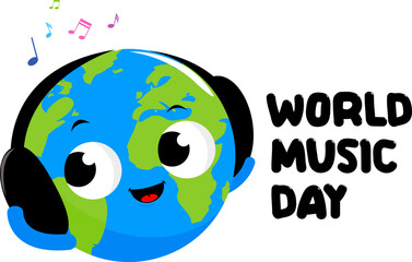 Happy World map with headphones and musical notes. Cute planet Earth cartoon listening to music. International music day. Vector Illustration