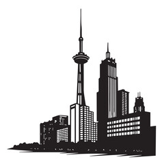 Silhouette of a modern city skyline with skyscrapers and a prominent tower, isolated on white background