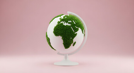 Globe covered in foliage, symbolizing growth and environmental awareness on a pastel background.