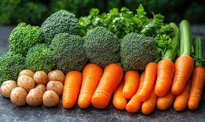 Fresh vegetables arranged on a dark surface