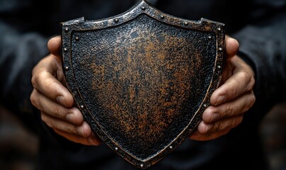 A weathered shield held in hands