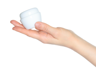 Woman hand holds a white cosmetic cream jar, on transparent background close-up, template for cosmetics ads