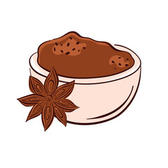 Bowl of cinnamon ground spice with star anise in flat style on white background. Perfect for food and seasoning design theme.