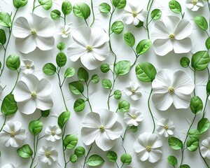 Delicate white flowers and green leaves in a textured pattern