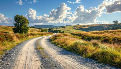 Fototapeta premium Scenic Flygen Mountain Valley Road Under Blue Sky Cinematic Hdr Panoramic Landscape with Grass Fields and Scattered Trees in Golden Sunlight