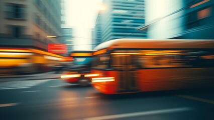 Dynamic urban scene with motion blur and warm tones, capturing the essence of bustling city life.