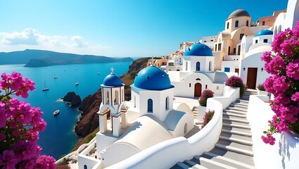 Fototapeta premium Santorini Cliffside Charm – Whitewashed Domes, Aegean Views & Mediterranean Bliss