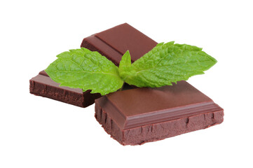 Chocolate bars with green mint leaves, isolated on transparent background. Culinary and sweet food concept