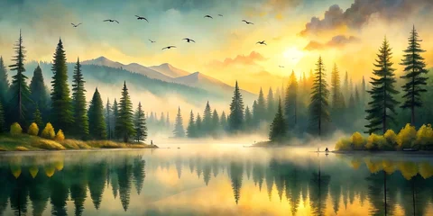 Sierkussen Mistig bos Photo of misty morning over a serene lake, with pine trees reflected in the calm water and birds silhouetted against a golden sunrise sky  © Sobuj