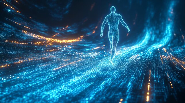 Digital human figure walking through futuristic neon light tunnel in cyberspace