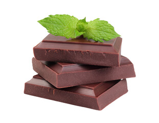 Chocolate bars with green mint leaves, isolated on transparent background. Culinary and sweet food concept