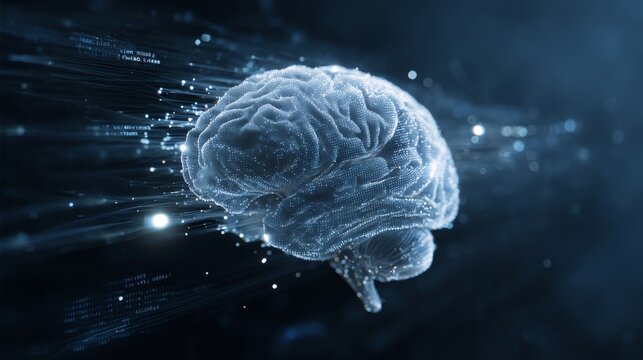 Futuristic digital brain visualization with neural connections and data streams