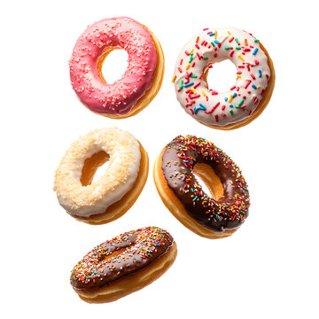 Delicious Floating Donuts - Close-Up of Four Tasty Donuts in the Air