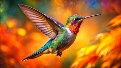 Fototapeta premium Photo of a vibrant hummingbird with iridescent feathers hovers in midair, its wings blurred with motion, set against a soft, colorful bokeh background of autumn leaves