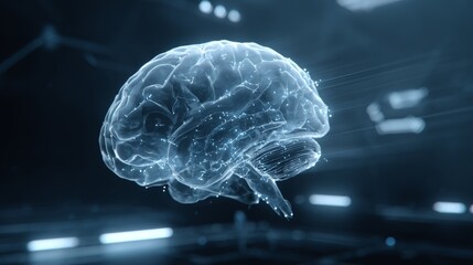 Futuristic transparent brain hologram in digital space