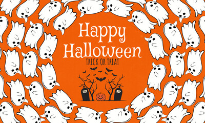 Playful Halloween design featuring white cartoon ghosts surrounding “Happy Halloween” text, with bats, gravestones, and pumpkin in the center. Perfect for banners, cards, and party invites.