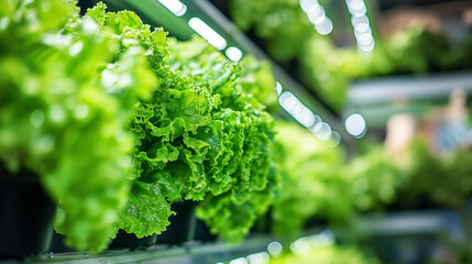 Close-up of fresh green lettuce growing in a hydroponic vertical farm under LED lighting, symbolizing sustainable agriculture, healthy food production, eco-farming, and urban agriculture innovation.
