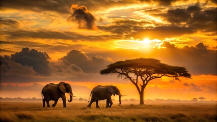Photo of majestic elephants walk across the savanna at sunset, with a lone acacia tree silhouetted against the dramatic, fiery sky, evoking a sense of wild beauty and the african wilderness