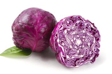 Fototapeta premium Purple Cabbage Head Cut in Half Showing Layers on White Background