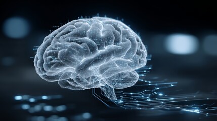 Futuristic digital brain interface with neural connections on abstract background