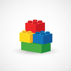 Obraz premium Lego block icons in red, yellow, blue, green, stacked, white background