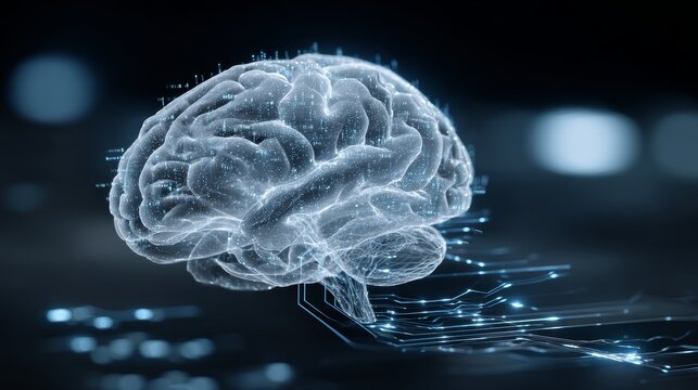 Futuristic digital brain interface with neural connections on abstract background