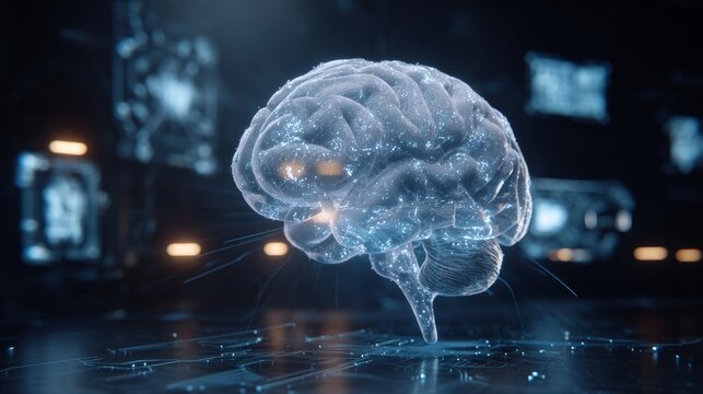 Futuristic digital human brain hologram in high-tech interface - Powered by Adobe