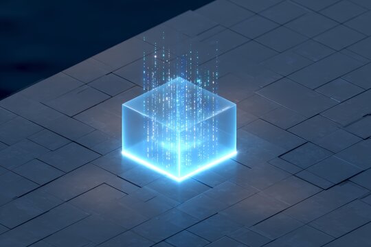 Glowing futuristic cube with digital data stream on geometric surface