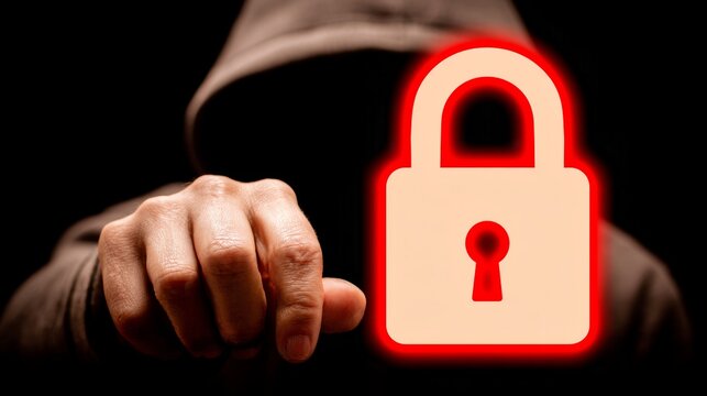 Cybersecurity concept with hooded figure and glowing red lock highlighting online safety
