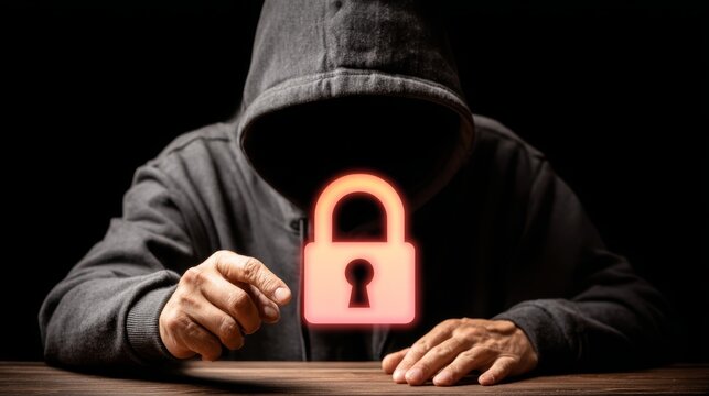 Hacker in hoodie with glowing lock symbol in focused cybersecurity concept