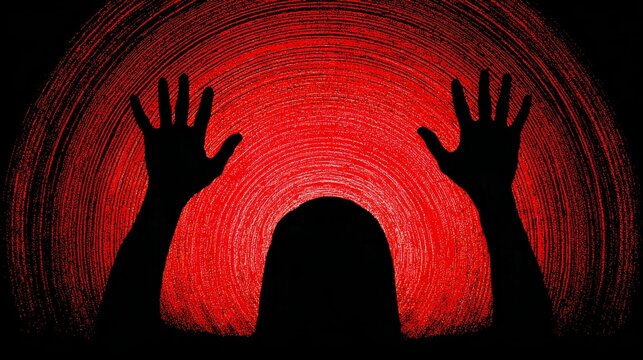 Silhouette of hands raised against a red textured background