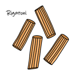 Long striped tubes of Italian rigatoni pasta isolated on white background