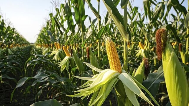 A field of tall green corn plants under a bright sky with a ripe yellow ear prominently displayed its kernels exposed