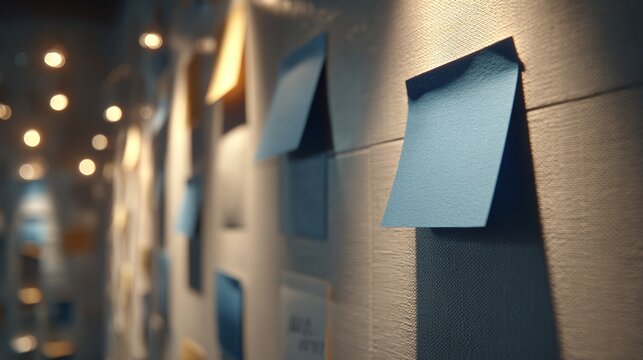Blue sticky notes on wall with soft focus and warm lighting for creative brainstorming