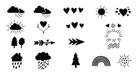 Black and white weather icons trees hearts and other simple symbols
