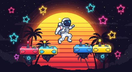 Retro pixel art astronaut jumping between platforms.