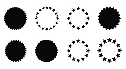 Black and white circular designs with varying star and jagged edges