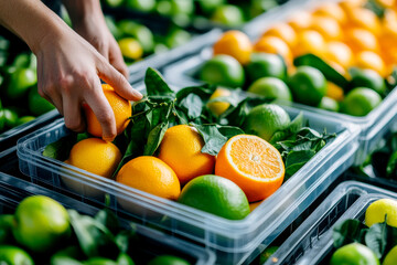 A hand selects fresh oranges and limes from plastic containers, surrounded by vibrant green leaves, showcasing a colorful display of citrus fruits.