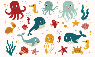 Cute Sea Life Clipart And Ocean Animals, Whales, Octopus, Starfish and Underwater Vector Set
