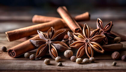 Various Whole Spices Including Star Anise Cinnamon Sticks Cloves And Nutmeg Arranged Artistically On A Rustic Wooden Table With Soft Lighting To Enhance The Textures