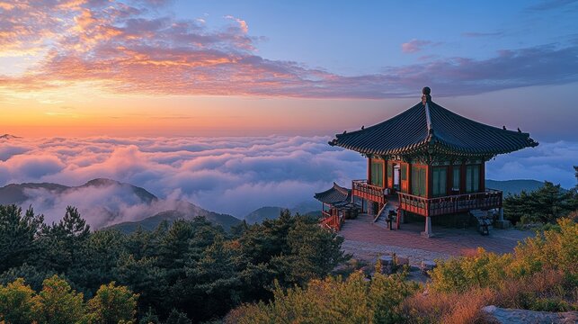 Traditional korean pavilion overlooking misty mountains at sunrise